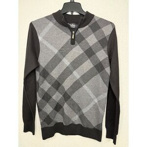 Studio by Omega Mens Quarter Zip Sweater Grey Plaid Argyle Mock Neck Medium